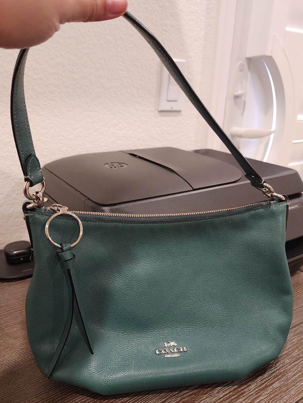 Coach Green Pebbled Leather Shoulder Bag With Silver Hardware